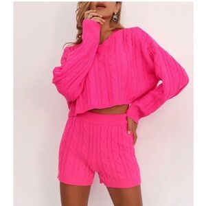 Hot Pink Cable Knit Cropped 2 Piece Sweater Set